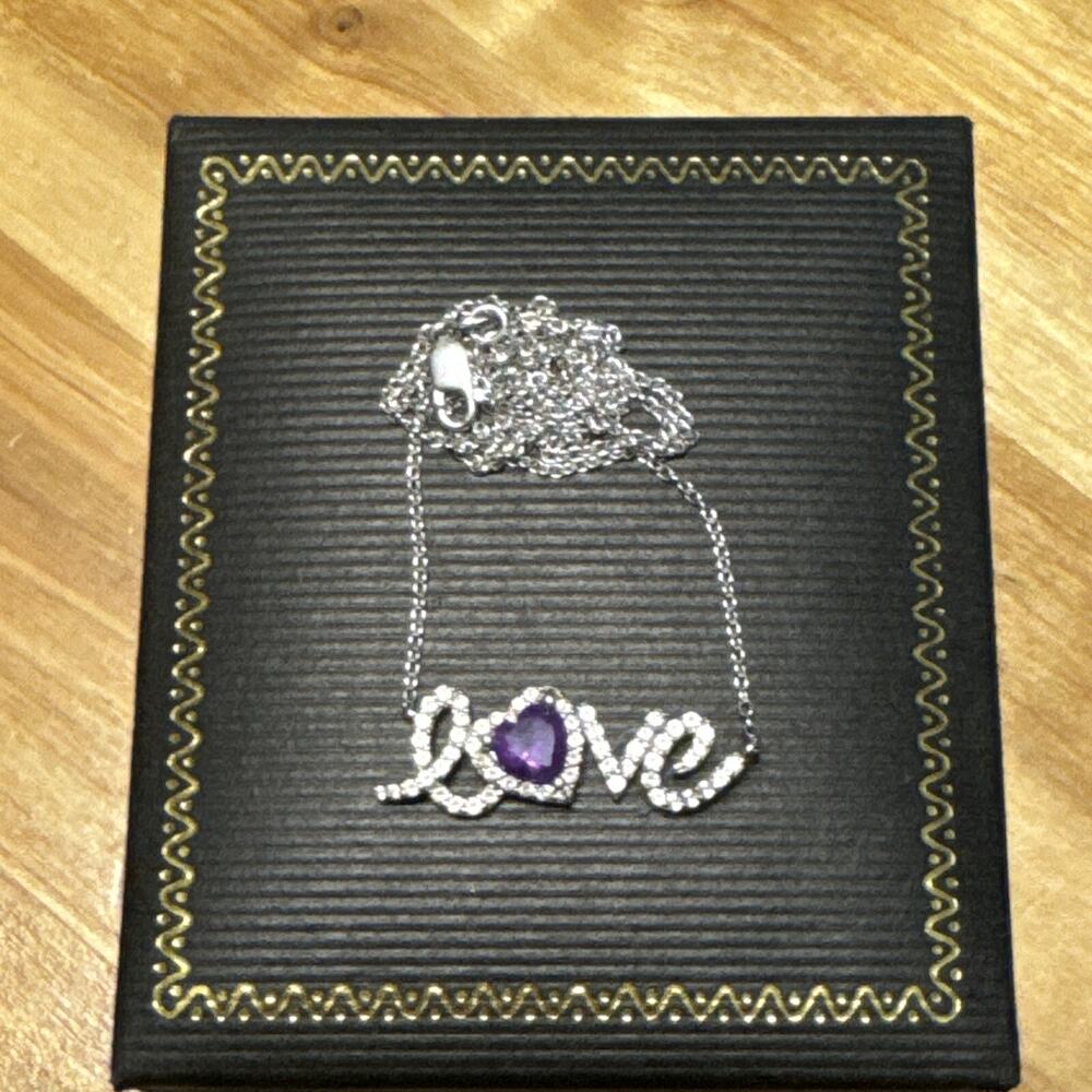 LOVE Necklace .925 Sterling Silver Amethyst And White Topaz 18” Valentine Day